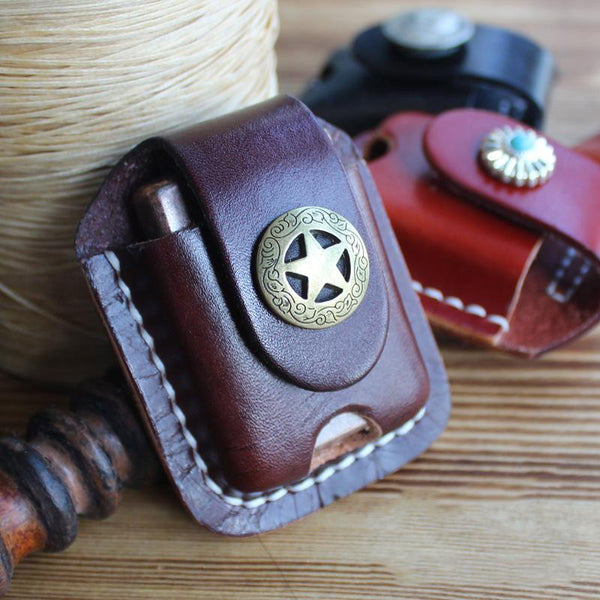 Handmade Mens Brown Leather Classic Zippo Lighter - Back View