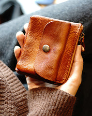 Cute Women Tan Zip Leather Billfold Wallet Minimalist Zip Coin Wallet Change Wallet For Women