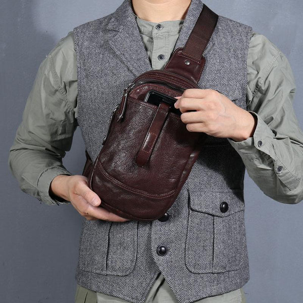 Casual Tan Leather Mens Chest Bag Sling - Back View