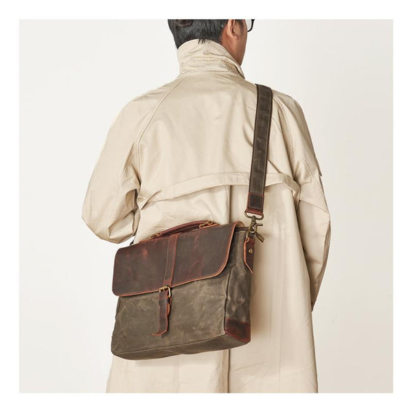 Waxed Canvas Leather Mens 14 inches Messenger - Back View