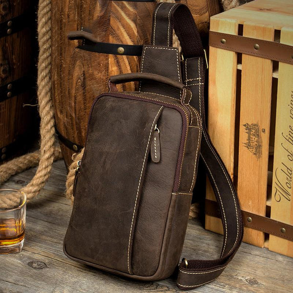 Vintage Brown Leather Mens Crossbody Pack Sling - Back View