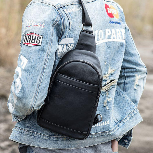 Black Casual Leather Mens Sling Bag Chest - Back View
