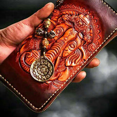 Handmade Leather Tooled Ganesh Mens Chain Biker Wallets Cool Leather Wallet Zipper Long Wallets for Men
