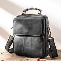 Black Leather Mens Vertical Small Briefcase Work Handbag Side Bag Business Shoulder Bag for Men