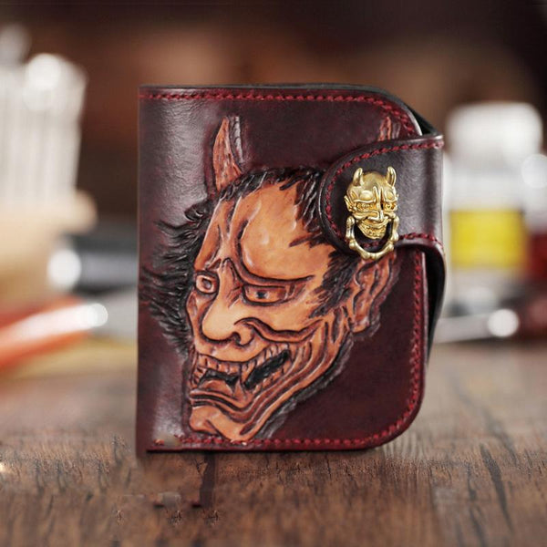 Brown Handmade Tooled Hannya Leather Mens Small - Back View