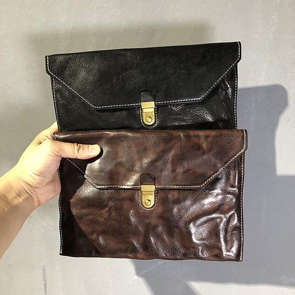 Simple Leather Black Mens Envelope Clutch Bag - Back View