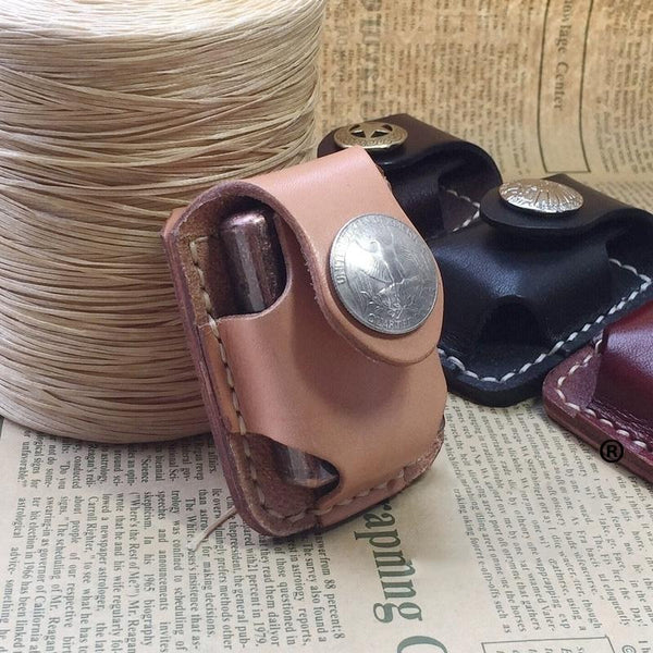 Handmade Mens Beige Leather Classic Zippo Lighter - Back View
