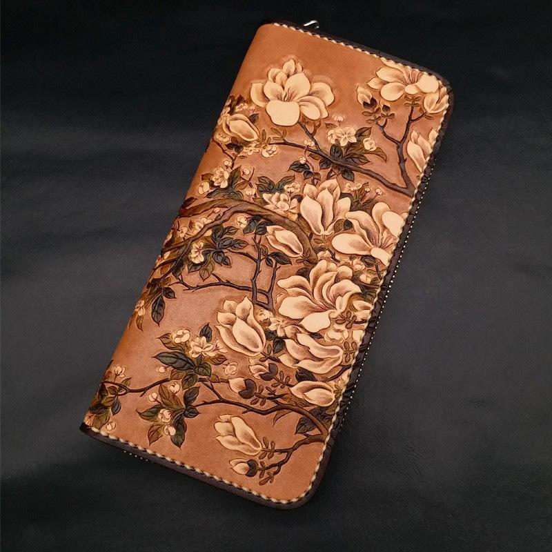 Handmade White Flowers Magnolia denudata Tooled Leather Womens Long Wallet Zipper Clutch For Women
