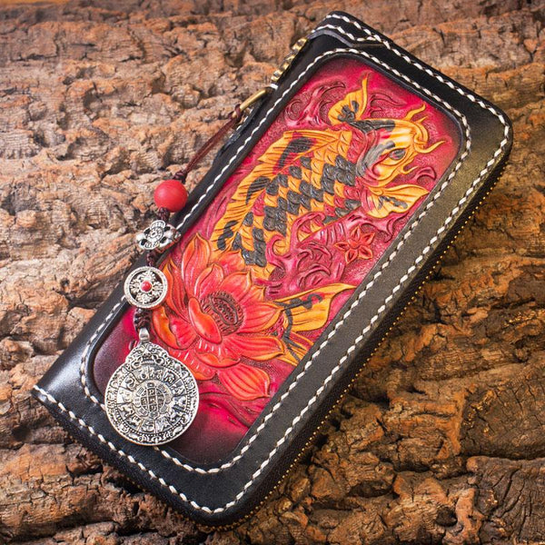 Handmade Leather Carp Mens Chain Biker Wallet Cool Leather Wallet Long Phone Wal AP04581004