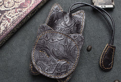 Handmade Car Key Wallet Vintage Leather Wallet Cat Kitty Cute Carved Floral Leather Accessories Gift For Men Women - EverHandmade