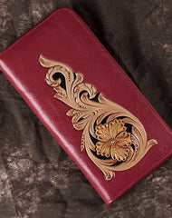 Handmade Floral Red Leather Wristlet Wallet Womens Zip Around Wallets Flowers Ladies Zipper Clutch Wallet for Women