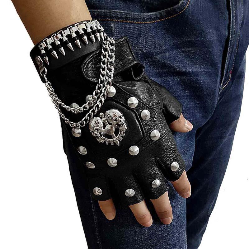 Mens Punk Skull Black Cool Leather Half-Finger Rock Gloves Motorcycle Gloves Black Biker Gloves For Men