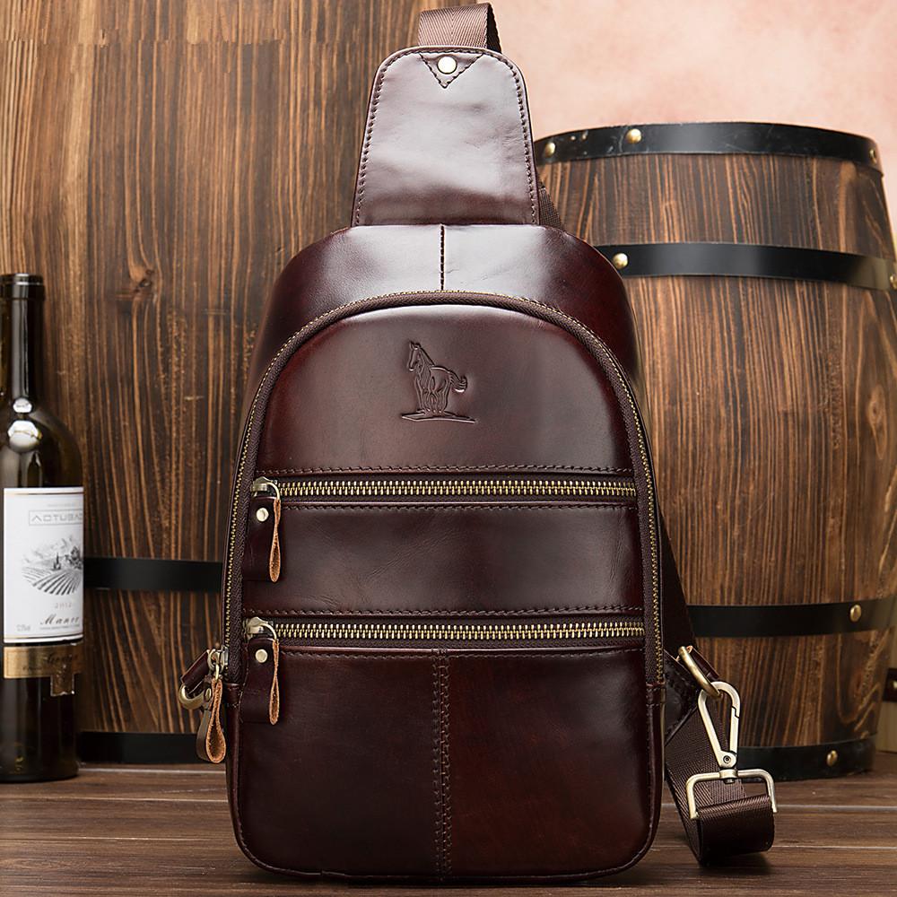 Badass Brown Leather Men's 8-inches Sling Bag Chest Bag One shoulder Backpack Sling Bag For Men