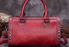 Vintage Leather Boston Handbag Rivet Shoulder Bag Purses For Women