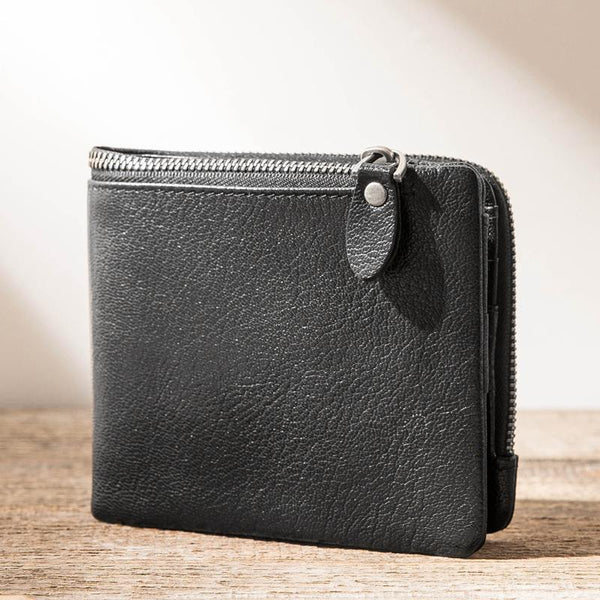 Black Leather Mens Small Wallet Front Pocket Wallet Black Bifold Slim billfold W HB00991085