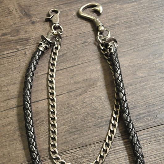 Cool Men's Black Braided Leather Double Skull Pants Chain Wallet Chain For Men