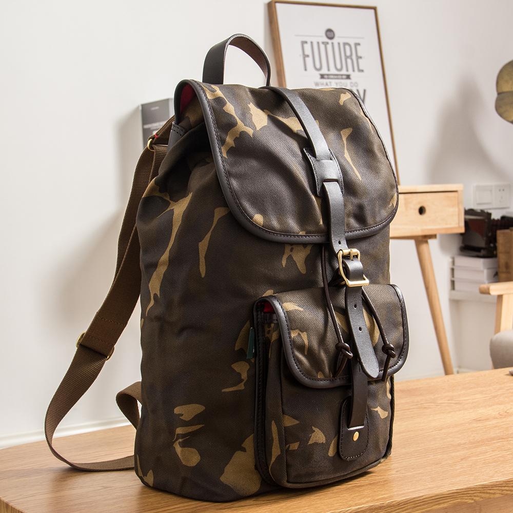 Camouflage Canvas Leather Mens Large 14'' Laptop Backpack College Backpack Hiking Backpack for Men