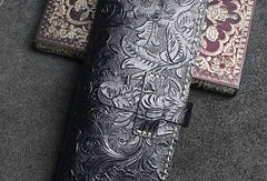 Handmade long leather wallet floral leather clutch wallet for women men zip - EverHandmade