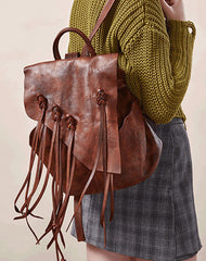 Vintage Coffee Leather Rucksack WIth Tassels Womens Western Leather Backpack Ladies Backpack Purses