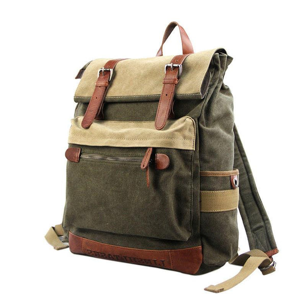 Army Green Canvas Leather Mens Large Backpack School Backpack Green Canvas Trave LST02791076