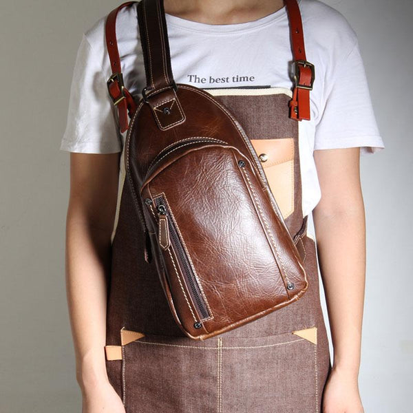 Brown Leather Mens Cool Sling Backpack Chest Bag Sling Bag Crossbody Pack for men