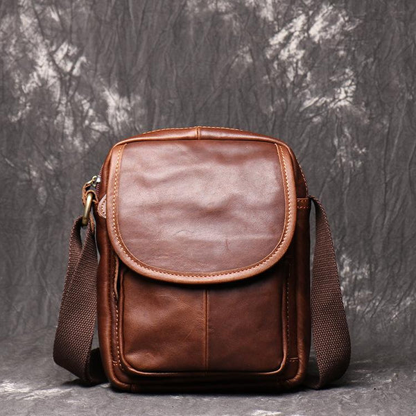 Brown LEATHER MENS Small SHOULDER BAG Vertical - Back View