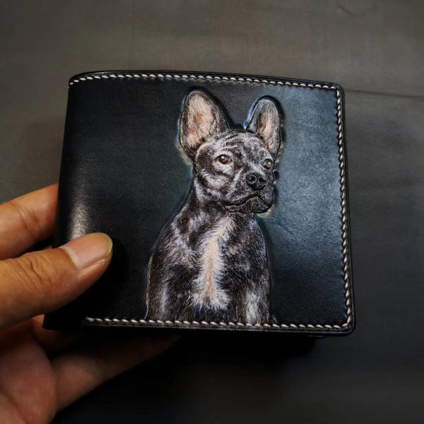 Handmade Mens Leather billfold Wallet Bulldog Dog - Back View