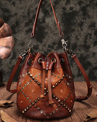 Vintage Leather Brown Bucket Handbag Shoulder Bag Purple Barrel Purse For Women
