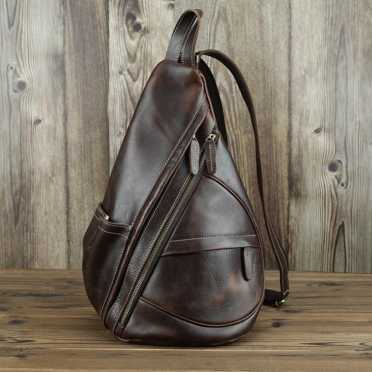 Brown Leather Men's Sling Bag Chest Bag Vintage One shoulder Backpack For Men