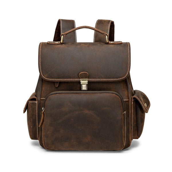 Cool Dark Brown Mens Leather College Backpack - Back View