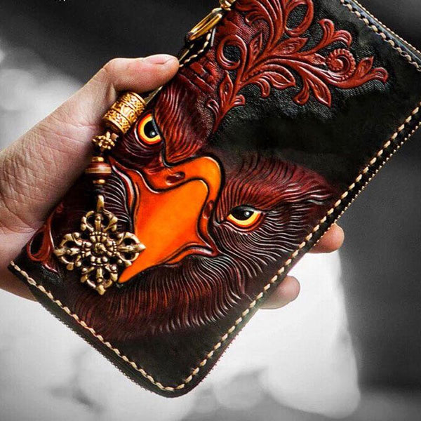 Handmade Leather Mens Tooled Eagle Chain Biker Wallet Cool Leather Wallet Long C CJ07981102