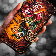 Handmade Leather Mens Tooled Buddha&Demon Chain Biker Wallet Cool Leather Wallet Long Clutch Wallets for Men