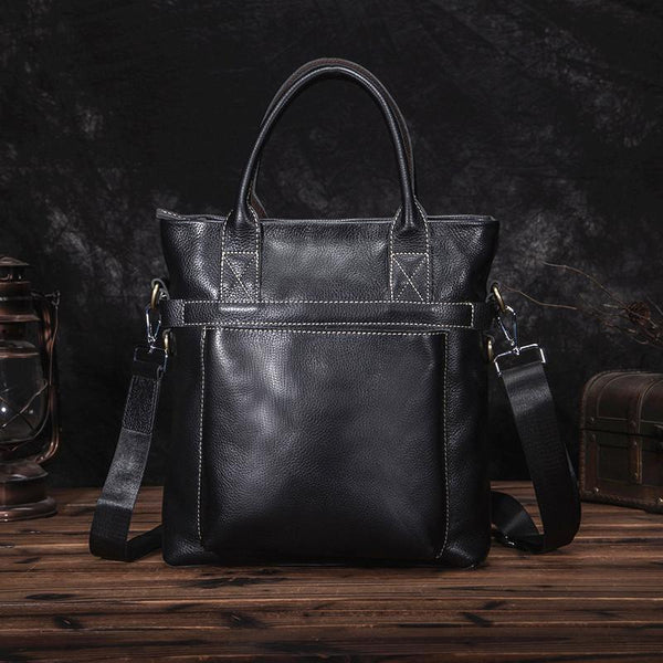 Black Leather Mens Vertical Work Bag Handbag - Back View