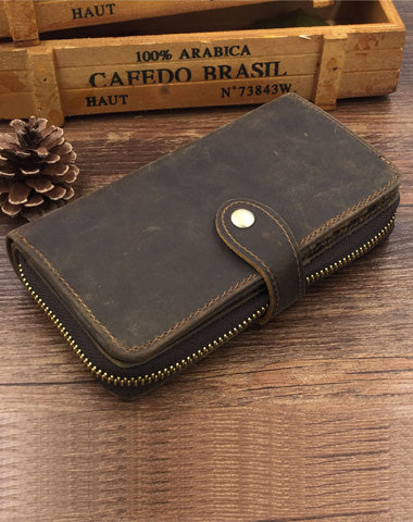 Vintage Leather Long Wallet for Men Bifold Coffee Wallet