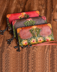 Womens Floral Coffee Leather Wristlet Wallets Flowers Zip Around Wallet Floral Ladies Zipper Clutch Wallet for Women