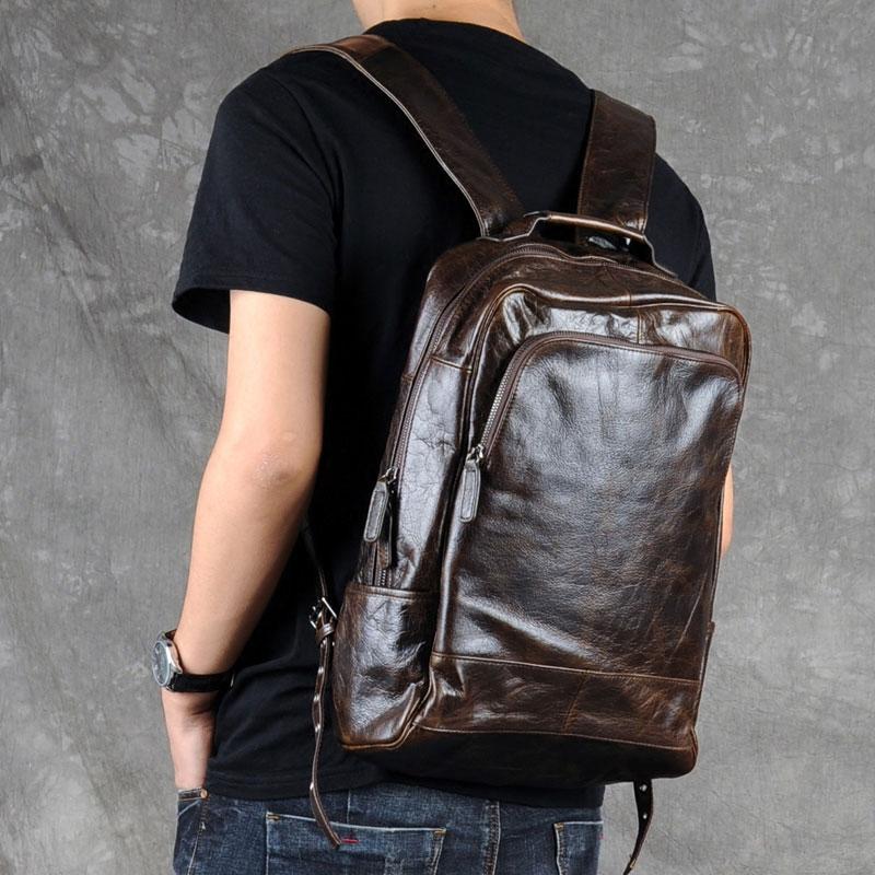 Leather Mens Cool Black Backpack Large Travel Backpack Hiking Backpack for men