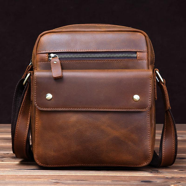 Vintage Brown Leather Messenger Bag Men's Vertical - Back View