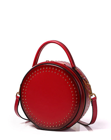 Womens Red Leather Round Handbag with Rivet Crossbody Purse Red Round