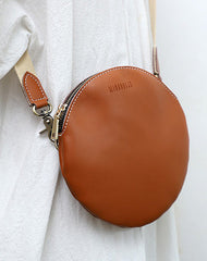 Cute Round LEATHER Small Side Bag Coffee WOMEN Circle SHOULDER BAG Small Crossbody Purse FOR WOMEN