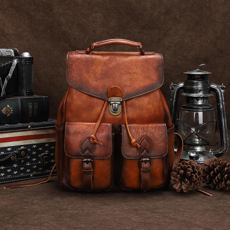 Casual Brown Mens Leather 13 inches School Backpack Satchel Backpack Brown Computer Backpack For Men