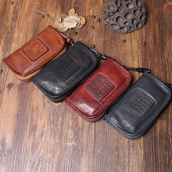 Handmade Leather Mens Small Brown Key Wallet Key Holder Black Car Key Case for M DM00981026