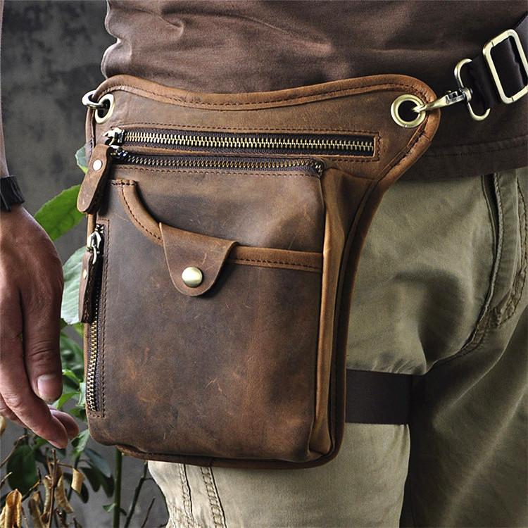 Vintage Brown Leather Men's Waist Belt Pouch Drop Leg Bags Small Side Bag For Men