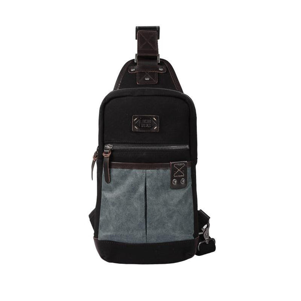 Black Canvas Leather Sling Backpack Men's Sling Bag Chest Bag Dark Coffee Canvas LST01091059