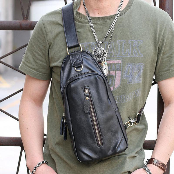Black Cool Leather Mens Sling Bag Chest - Back View