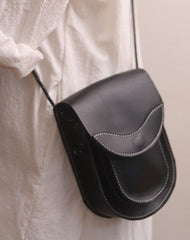 Cute LEATHER Saddle Side Bag WOMEN Black SHOULDER BAG Small Crossbody Purse FOR WOMEN