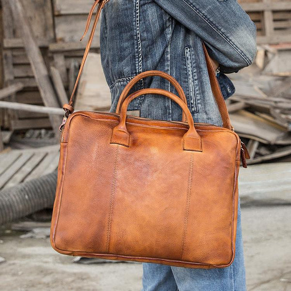 Vintage Brown Leather Mens 14 inches Briefcase - Back View