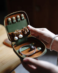 Cute Women Green Leather Small Jewelry Organizer Mini Jewelry Portable Jewelry Storage Box For Women