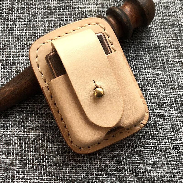 Mens Beige Leather Classic Handmade Zippo Lighter - Back View