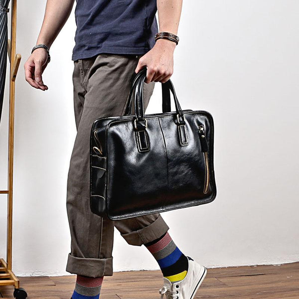 Vintage Black Mens Leather Briefcase Work Handbag - Back View
