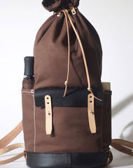 Handmade Canvas Mens Leather Bucket Backpack Travel Backpack Hiking Backpack for Men